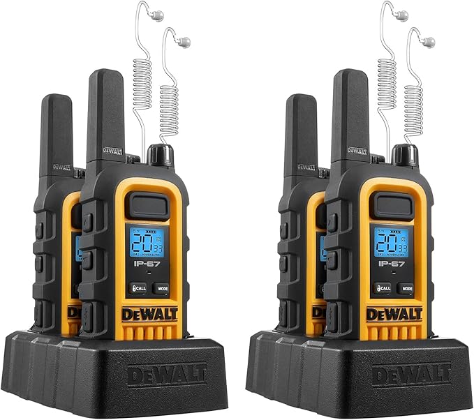 DEWALT DXFRS300 1 Watt Heavy Duty Walkie Talkies with Headsets - Waterproof, Shock Resistant, Long Range & Rechargeable Two-Way Radio with VOX (4 Pack) (2DXFRS300-SV1)