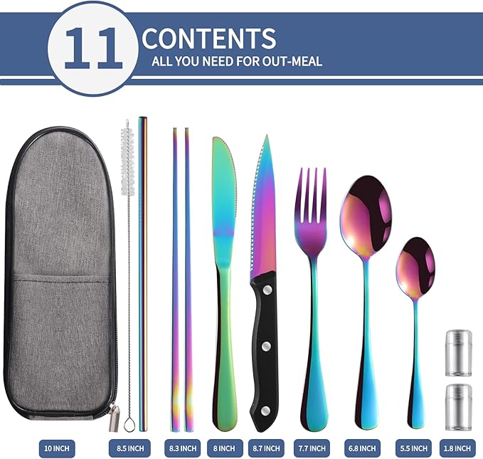 Portable Travel Utensils Set,Reusable Utensils,Travel Camping Cutlery Set,Stainless Steel Flatware Set with Case,Lunch Boxes Workplace Camping School Picnic (Rainbow)