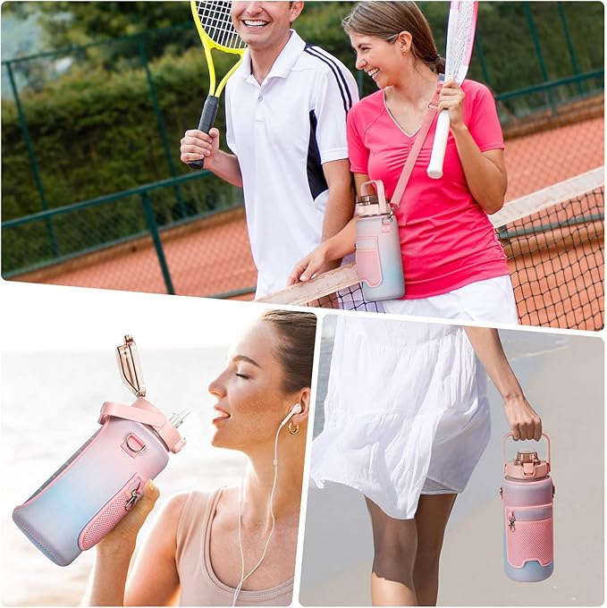 64oz Half Gallon Water Bottle With Sleeve, Water Bottles with Time Marker/Straw/Chug One Lids, Leakproof Tritan BPA Free Reusable Water Jug Easy Carry for Adult and Kids Gym Sports Outdoors