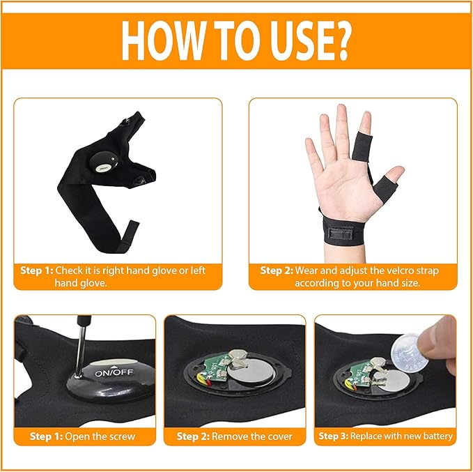 LED Flashlight Gloves for Men Women – Bright Lighted Fingerless LED Gloves for Handyman, Plumber, Mechanic Elastic Design, Waterproof, Battery Powered – Unique Gift Cool Gadgets for Men, Dad, Husband