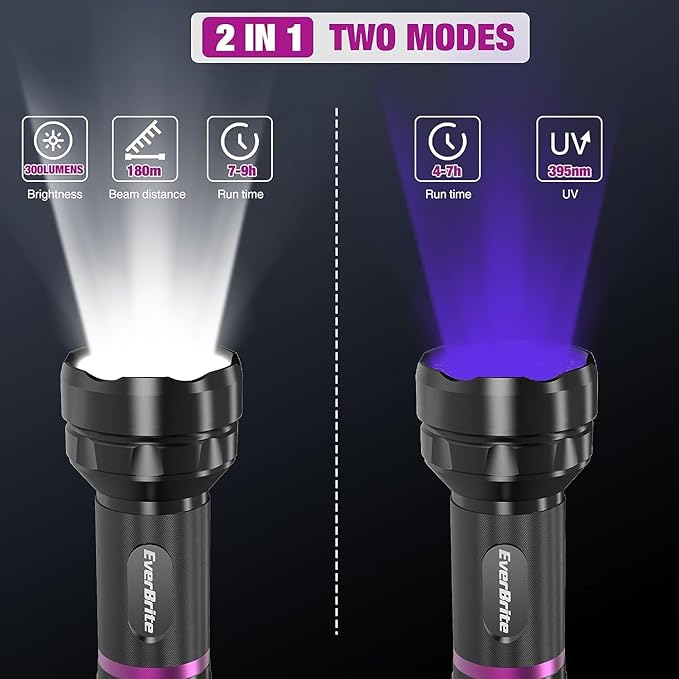EverBrite LED Flashlight, Multifunctional Flashlight with UV and White Light, 395nm Black Light, 300 Lumens High Powered Flashlight for Camping, Emergencies, Pet Urine Stains, AA Batteries Included