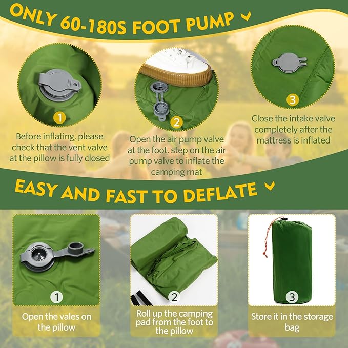 Sleeping Pad for Camping, Ultralight Self Inflating Camping Mat Camping Mattress with Pillow, 78''X47''/78''X27'', Built-in Foot Pump, Camping Pad Air Mattress for Backpacking, Hiking, Traveling, Tent