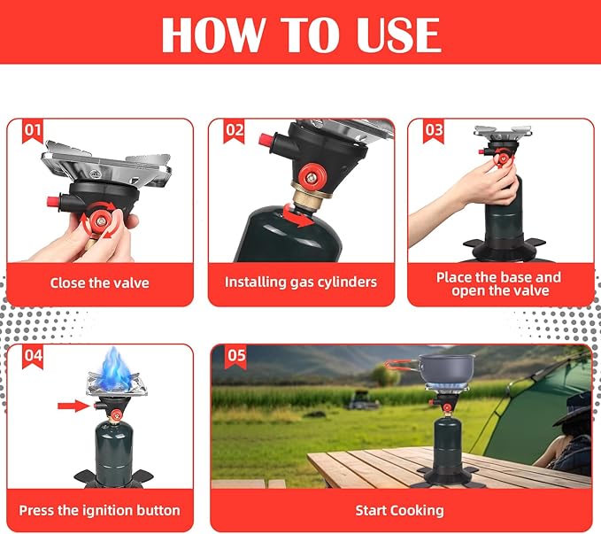 DOMINOX Portable Propane Camping Stove with Button Starter, 10,000 BTU Burner Propane Stove, Backpacking Stove with Precise Temperature Control for Camping & Hiking (Propane Tank Not Included)