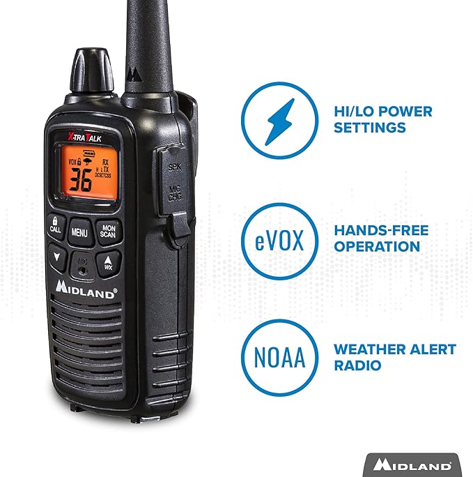 Midland - LXT600VP3 - Handheld Portable FRS Business Overlanding Gear Two Way Radio - Long Range Rechargeable Walkie Talkies for Adults - 121 Privacy Codes, Weather Radio - Black (2 Pack)
