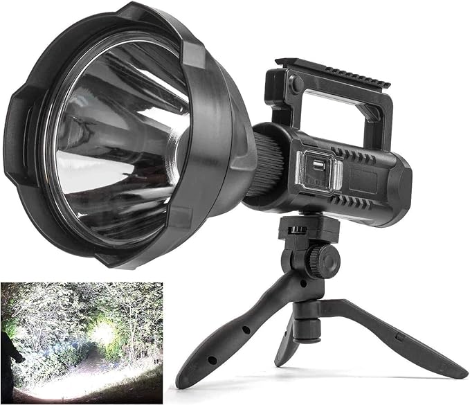 Rechargeable Spotlight Flashlight High Lumens, 900000 Lumens Super Bright Led Searchlight with Tripod and USB Output, IPX5 Waterproof 4 Modes Handheld Spotlight for Camping Emergencies