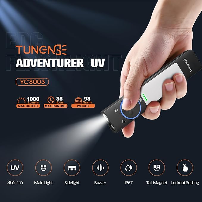 YC8003 365nm Black Light Flashlight, 1000 Lumen White Light EDC Pocket Flashlight, USB C Rechargeable Flat Flashlight for Hiking, Camping, Outdoor Distress, Pet Urine Detection(6500K)