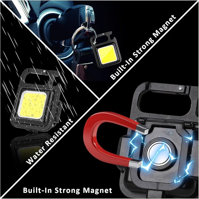 MAKDAK Keychain Flashlights Cob Keychain Work Light 4 Light Modes Small Emergency Light with Folding Bracket Bottle Opener for Fishing,Camping and Walking 4Pack