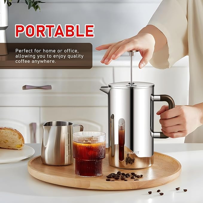 1L/34 Oz French Press Coffee Maker,304 Stainless Steel Coffee Press,Durable & Easy Clean,Leak-Proof Design,Prensa Francesa Para Cafe for Home,Office,Camping