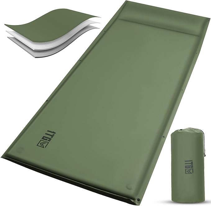 Self Inflating Sleeping Pad for Camping, Insulated Inflatable Camping Mattress for Winter, with Pillow, Dual Valves, Memory Foam, Sleeping Mat for Backpacking, Hammock, Tents, Floor
