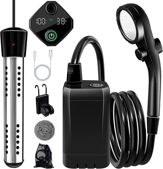 Portable Shower with Heater, 6000mAh Battery Powered Portable Shower for Camping with 2000W Auto-Off Heater, Spray Adjustable Camping Shower with Heater, Digital Power & Temperature Display for Hiking