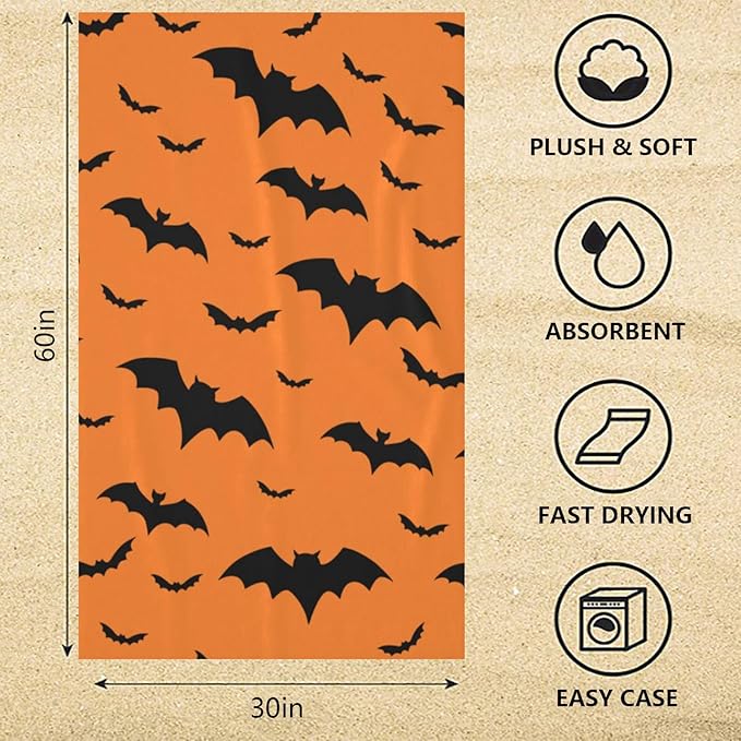 Halloween Bats Theme Beach Towel, Quick Dry Super Absorbent Bath Towels, Orange Oversized Microfiber Bathroom Towels for Shower, pool, Camping, Beach 30x60 in