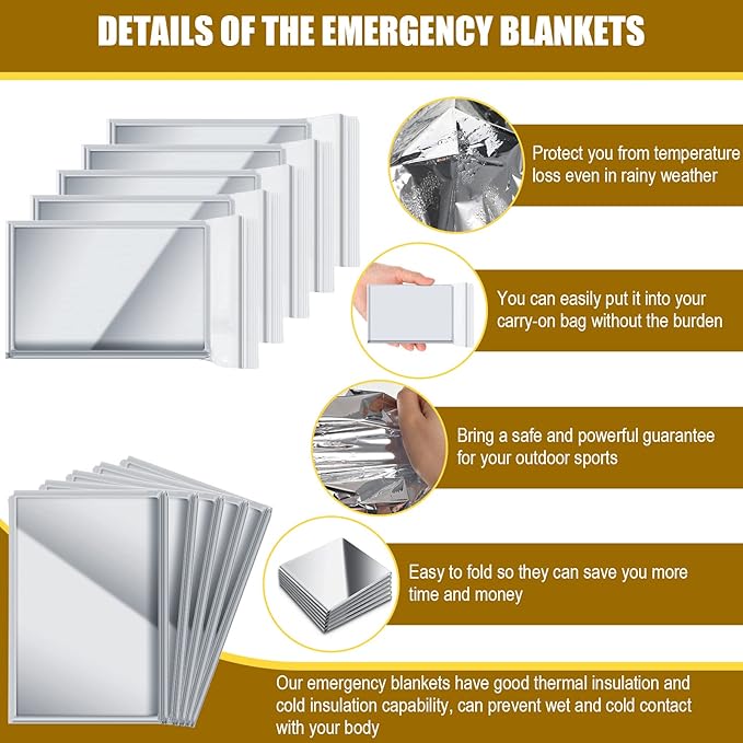 Emergency Mylar Thermal Blankets Emergency Foil Blankets Survival Reflective Thermal Foil Blanket for Outdoors, Hiking, Survival, Marathons or First Aid, 51 x 83 Inches