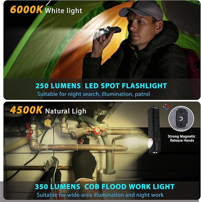 ULTRAFIRE Rechargeable LED Work Light 350 Lumens Portable Magnetic Flat EDC Flashlights with Red Beam,3 Mode Pocket Small Lights with Clip for Working,Car Repairing,Camping,Emergency