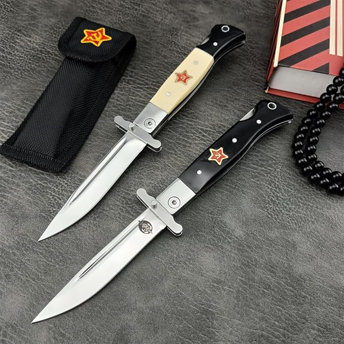 Finka-NKVD KGB Folding Pocket Knife,3.66" Mirror Polished 440C Blade and ABS Handle,Nylon Sheath,Assisted Opening Flipper Knife with Lockback, EDC for Camping Hunting Survival (BLACK)