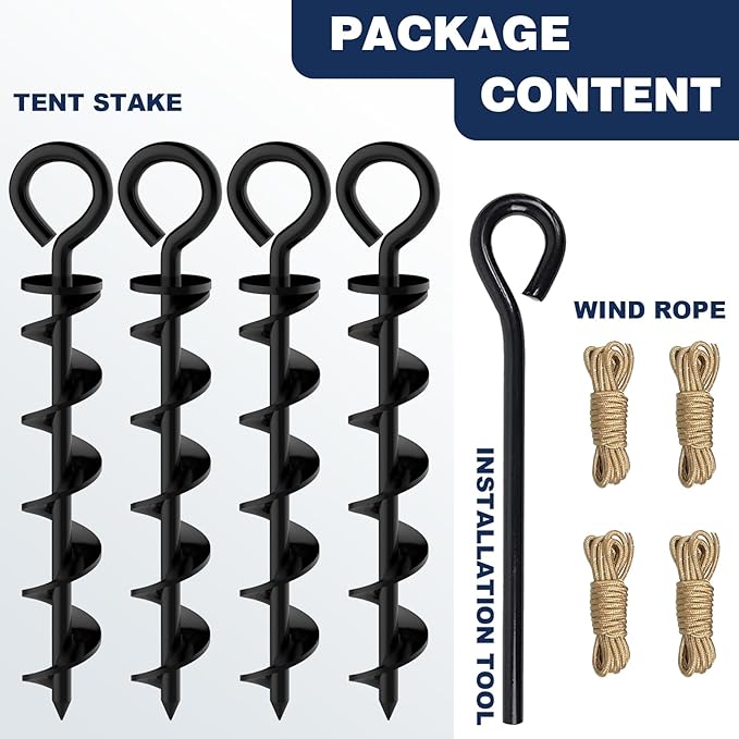 Eurmax USA Canopy Tent Stakes Dog Tie Out Stakes Corkscrew Shape Steel Trampoline Stakes with Iron Rod Installation Tool & 4 Wind Ropes - Set of 4 (Black)