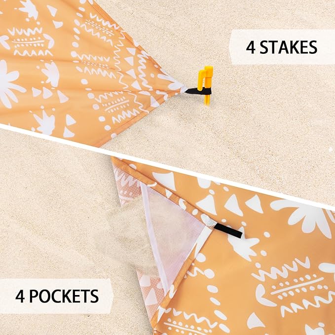 110''×118'' Extra Large Sandproof Beach Blanket 4-8 Adults, Waterproof Foldable Picnic Blankets with 4 Stakes & 4 Pockets, Lightweight Boho Outdoor Beach Mat for Travel, Camping, Hiking