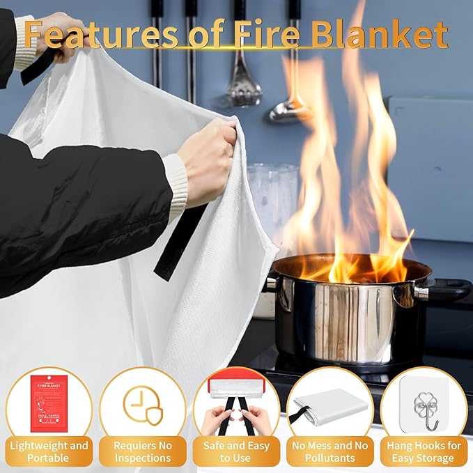 Emergency Fire Blanket, 2Pack Fire Blanket for Home and Kitchen, Fiberglass Fire Extinguisher Blanket, Suppression Flame Retardant Blanket Fire Safety Blanket for Fireplace (2 Pack)