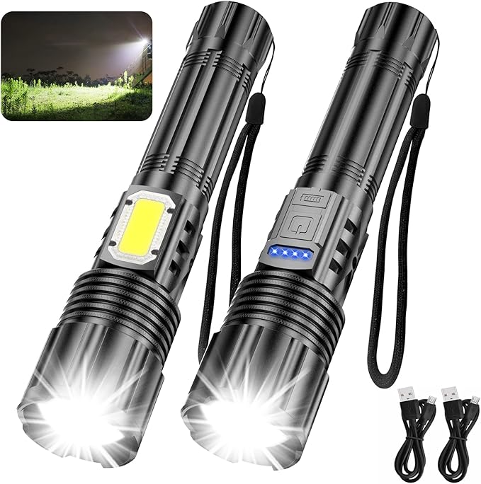 2 Pack Rechargeable Flashlights 10000 High Lumens with Cob Sidelight,Waterproof,Zoomable,5 Modes,LED Flashlight for Emergency Camping Hiking(with Battery)