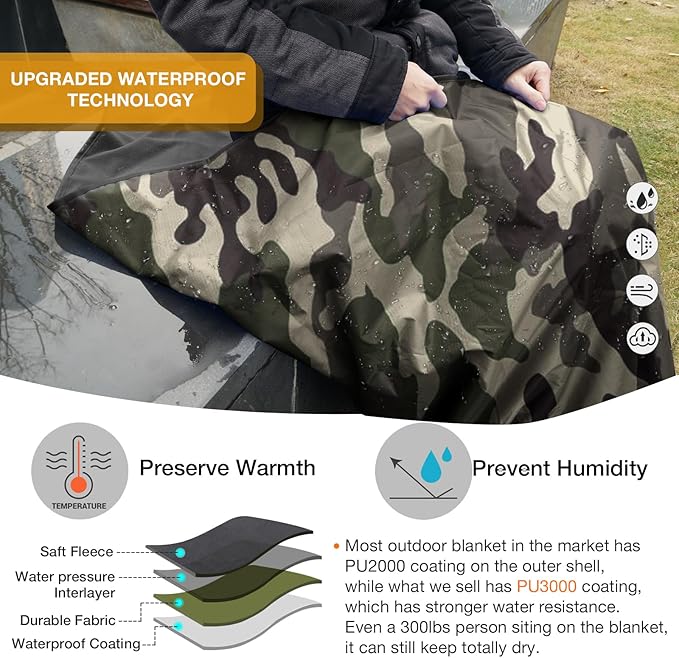 DUKUSEEK Hooded Stadium Blanket, Camouflage Waterproof Windproof Outdoor Fleece Blanket - Large (79"x 59"), Portable, Wearable, Warm for Outdoor Hunting, Sporting Events…