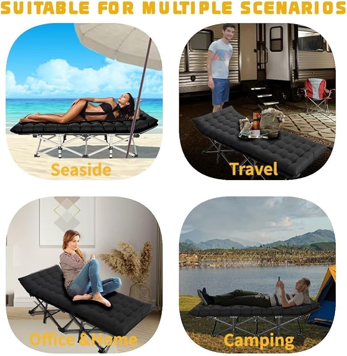 Camping Cot, Folding Cot Camping Cots for Adults Portable Folding Outdoor Bed with Mat and Carry Bag, Heavy Duty Sleeping Cots for Outdoor Travel Camp Beach Vacation (Black)