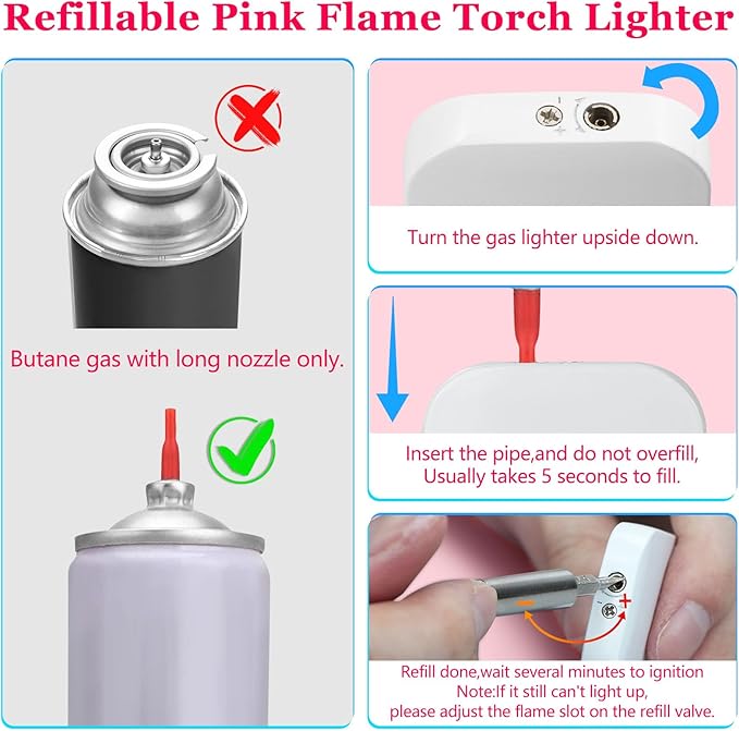 2 Pack Pink Flame Torch Lighter,Cute White Lighter,Refillable Butane Lighter,Windproof Torch Lighter for Outdoor Camping BBQ Candle,Nice Gift for Girls,Women on Birthday,Mother's Day Without Butane