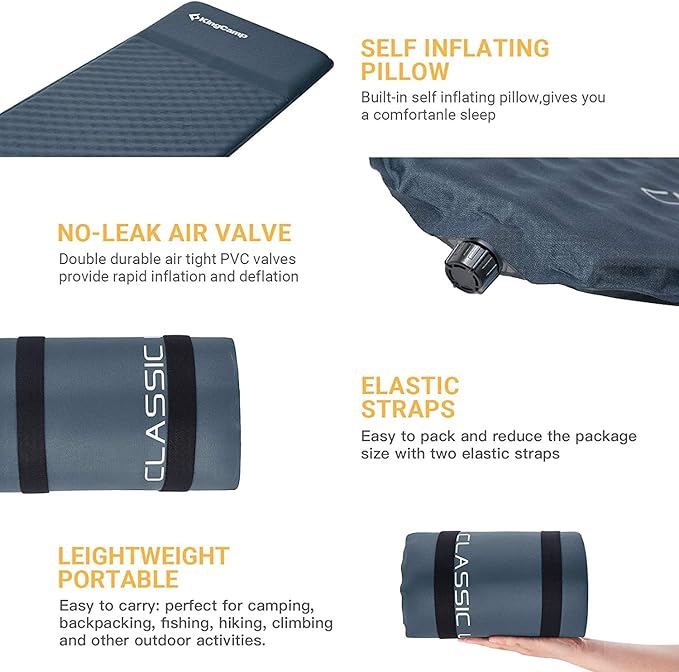 KingCamp Self Inflating Sleeping Pad for Camping with Built-in Pillow, Ultralight Sleeping Pad Camping Mat Durable for Camping Backpacking Hiking Single Double, 4 Size
