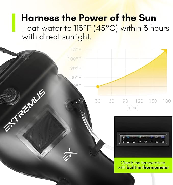 Extremus Camping Shower Bag, Camp Shower Bag, Durable, Leak-Proof Design with Thermometer, Removable Hose, and On-Off Switchable Shower Head, Portable Solar Shower for Camping