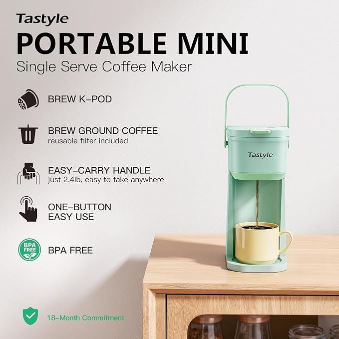 Single Serve One Cup Coffee Maker, for K Cups and Grounds, Mini Coffee Maker with Portable Handle, 6 to 12 Oz Brew Size, for Travel, Camping, Office, RV and Dorm, 120V, Oasis