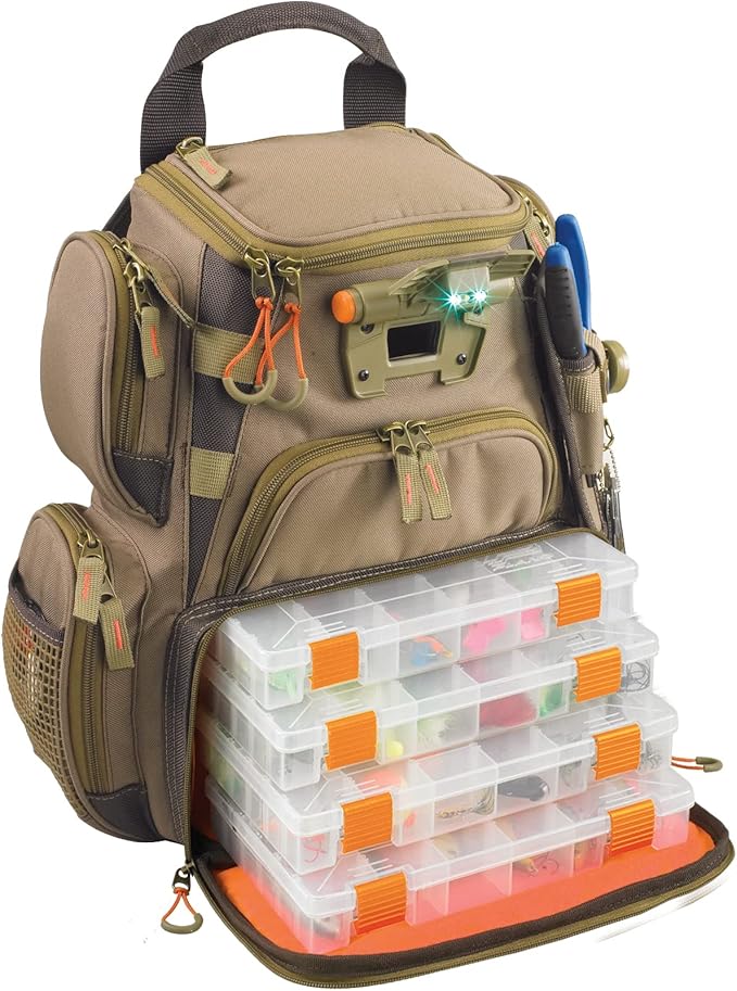 Wild River by CLC WT3503 Tackle Tek Recon Lighted Compact Tackle Backpack & Four PT3500 Trays, Clear, Water-Resistant Phone Storage,Beige , 12.75 x 6.75 x 15 "