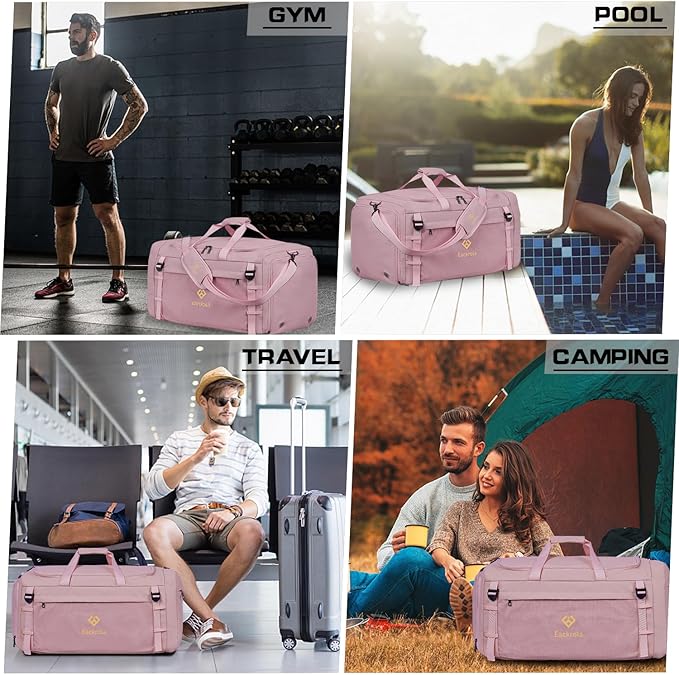 Eackrola Large Sports Gym Bag, Travel Duffel bag with Wet Pocket & Shoes Compartment for men women, 65L, Lightweight(Pink)