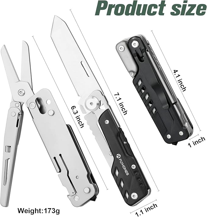 FLYHOMES Multitool Knife, 6-in-1 Multitool with Scissors and Pocket Clip, Gift for Men, Professional Multi-tool for Camping, Survival Tools, and Outdoor Adventures