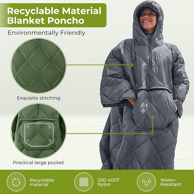 ATEPA Blanket Poncho Hooded Ultralight Water-Resisitant Warm Wearable Blanket Sleeping Bag Coat Cloak Camping Blanket