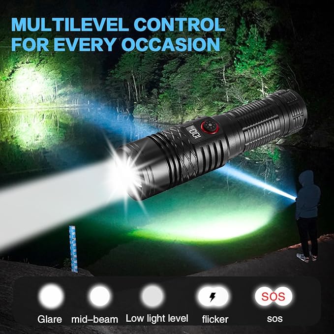 Flashlights High Lumens Rechargeable, Super Bright Flashlight, Adjustable Tactical Flashlight 5Mode Waterproof Handheld Flash light for Emergencies, Camping, Hiking