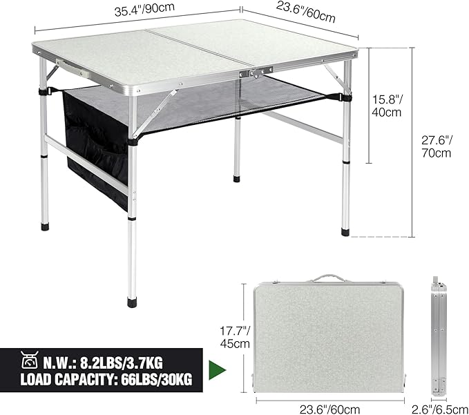 RedSwing Folding Table 3 Feet Adjustable Height, Lightweight and Portable Aluminum Hexagonal Legs Camping Table with Mesh Layer, 36 x 24 x 28 Inches
