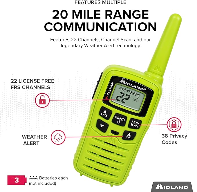 Midland – T10X3M X-Talker Two Way Radio – Water Resistant – NOAA Weather Alert Radios – 20 Mile Range - Multi Color Three Pack