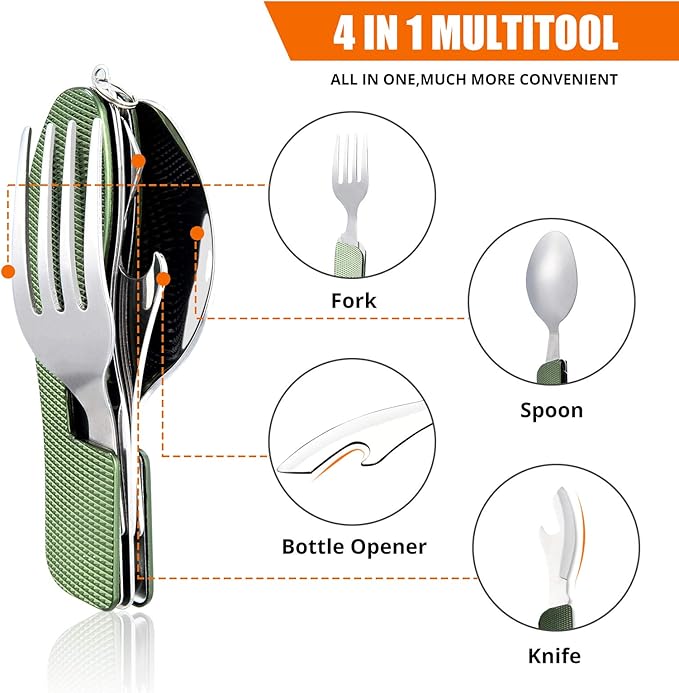 HIKENTURE 4-in-1 Camping Utensils,Stainless Steel Spoon Fork Knife Combo with Bottle Opener,Backpacking Eating Cutlery for Traveling,Hiking,Scouting Hobo Multitool Set (Army Green)