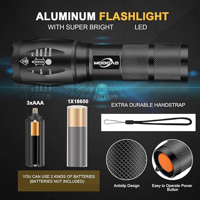 MODOAO 3pack Super Bright Flashlights High Lumens LED Flashlight with Zoomable Beam - Mini Flashlights for Camping, Hiking, Dog Walking - Powerful Emergency Flashlights with 5 Modes for Outdoor Use