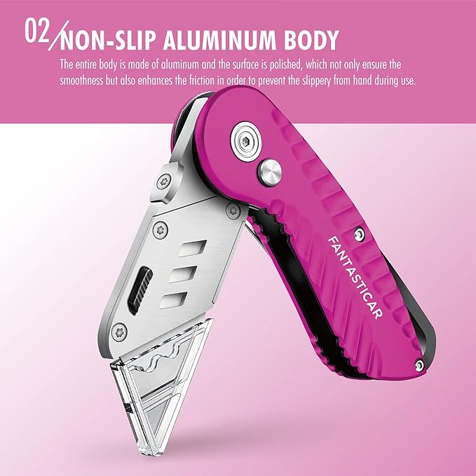 FantastiCAR Folding Utility Knife, Metal Box Cutter Body, with Safety Lock and 5 Extra Blades (Hot Pink)