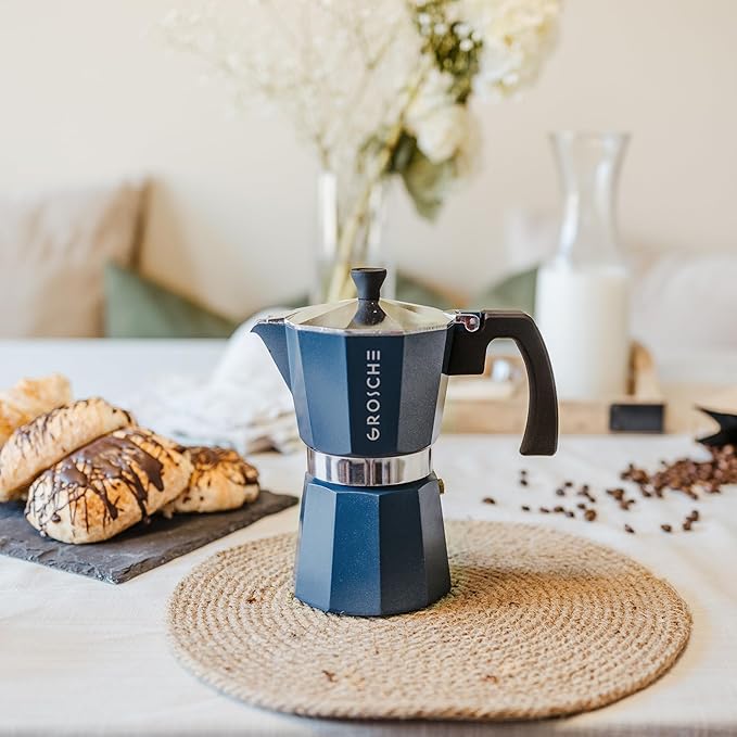 GROSCHE Milano Stovetop Espresso Maker Moka Pot 3 espresso Cup - 5 oz, Blue -Moka Espresso Coffee Maker Stove top coffee maker Moka Italian espresso greca coffee maker brewer percolator