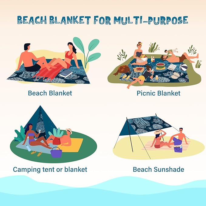 Beach Blanket Waterproof Sandproof 1-7 Adult Oversized 78 '' × 81 '' Lightweight Durable Compact Sand Free Beach Mat for Travel Camping Hiking Picnic Blanket Extra Large