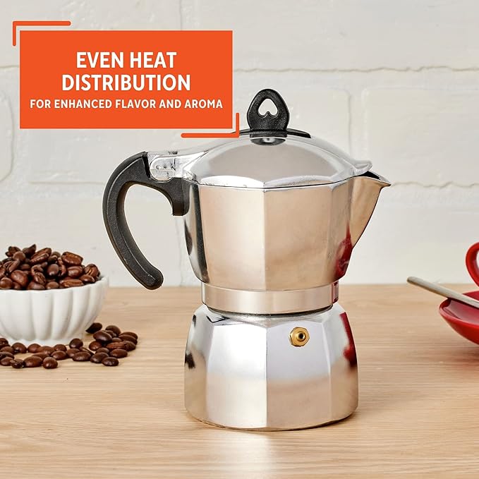 Imusa 6 Cup Stovetop Espresso Maker with Heart Shaped Knob, Silver