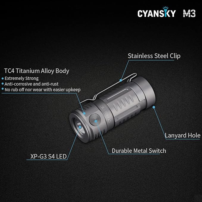 CYANSKY M3 Mini Titanium LED Flashlight ,700 Lumens, 5 Modes , EDC Keychain Flashlights with Rechargeable Battery, IP68 Waterproof