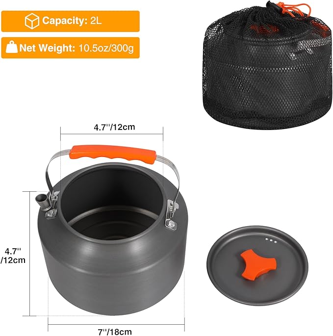 REDCAMP 2L Outdoor Camping Kettle, Aluminum Water Pot with Carrying Bag, Compact Lightweight Camp Tea Kettle Coffee Pot for Hiking Picnic Camping