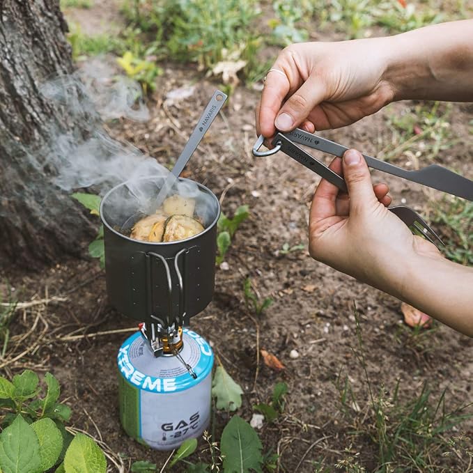 Navaris Titanium Camping Cutlery Set - Lightweight Camping Utensils for One - Knife, Fork and Spoon with Carabiner Clip and Case for Hiking and Travel