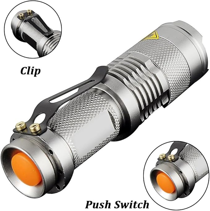6 Pack,Pocketman 7W 300LM 3 Modes Mini Light Silver LED Tactical Flashlight