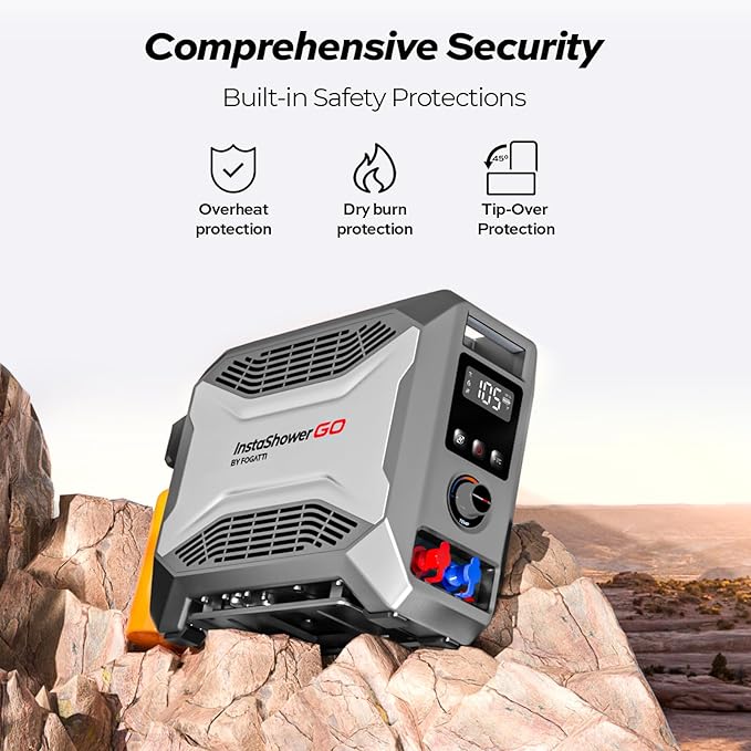 FOGATTI Portable Gas Water Heater, InstaShower GO, Propane, 19,000 BTU, with 5000mAh Rechargeable Built-in Battery, DC 12V, Outdoor Camping Shower with Tip-Over Protection, Safety Shutoff