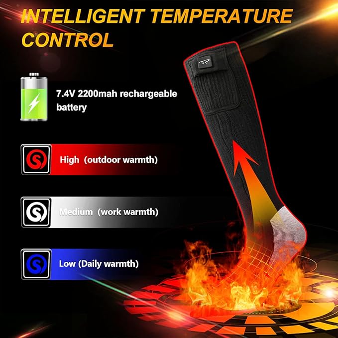 Battery Heated Socks - Rechargeable Warm Winter Socks for Men Women, Foot Warmers for Camping Hunting Running Hiking Riding Skiing Cycling Motorcycle Cold Feet