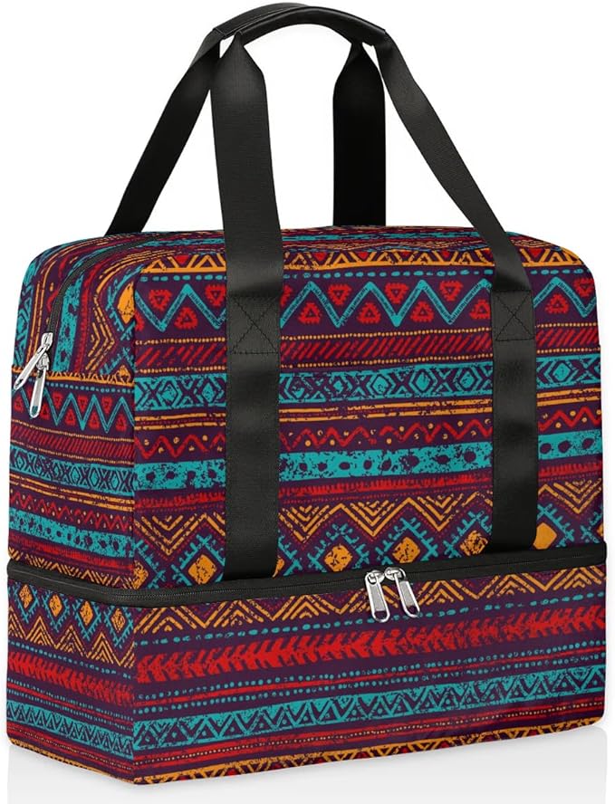Sports Gym Bag Western Ethnic Aztec Travel Duffel Bag Waterproof Lightweight Swim Bag Travel Tote Luggage Weekender Overnight Handbag Workout Bag with Shoes Compartment for Women Men