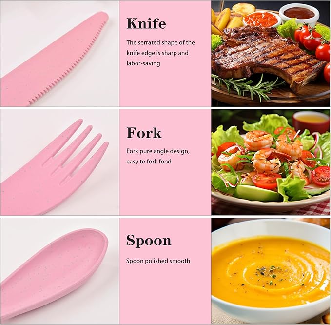 1 PCS Reusable Utensils Set with Case, Camping Utensils Plastic Spoons and Forks Sets for Lunch Box Accessories, Portable Cutlery Set for Kids Adults Travel Picnic Office Lunch Daily Use(Pink)