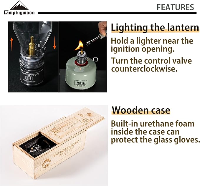 CAMPINGMOON Camping Gas Lantern with Aluminum Frame, Adjustable Light, Silver, Includes Wooden Case